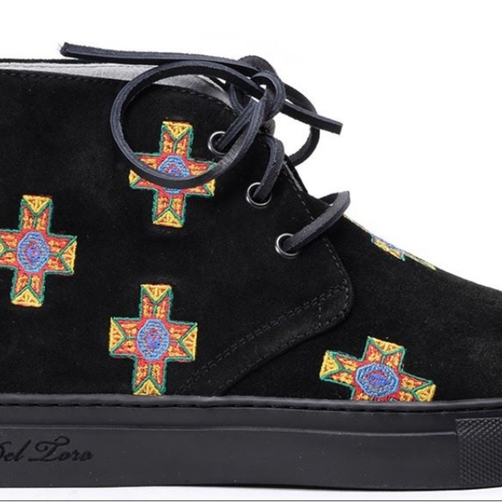 Black Suede High-Top Sneakers with Colorful Embroidery